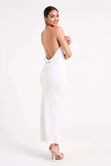 Cowl Midi Dress With Pearl Trim - White